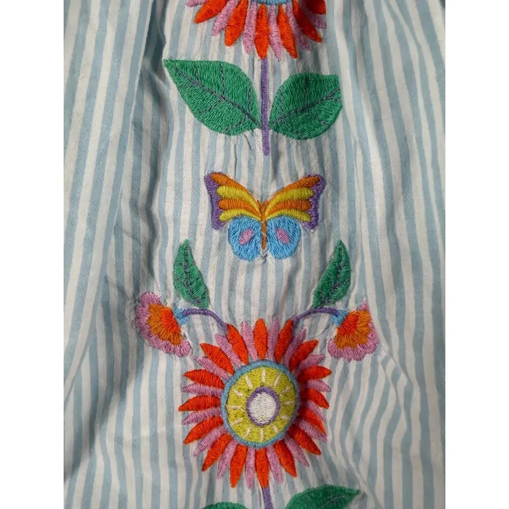 Mini Boden Embroidered Cross-Back Dress Blue Stripe Butterfly Floral 6-7 Years
